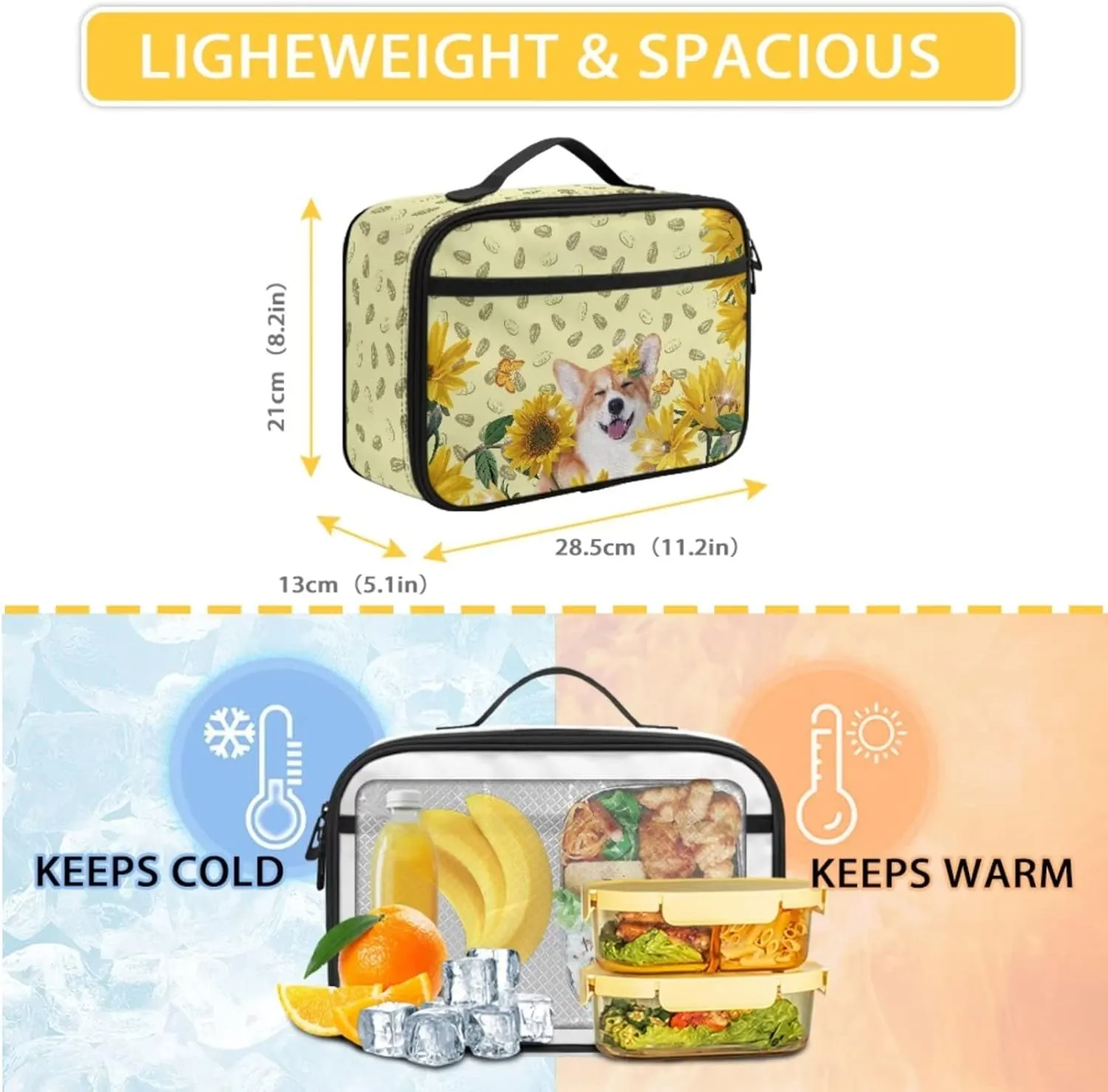 Corgi Sunflower Backpack for Kid 2Pc School Backpack Set Cute Cartoon Dog Rucksack 17Inch Large Capacity School Bag and Insulated Lunch Bag with Front Zip Pocket & Top Handle