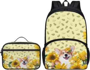 Corgi Sunflower Backpack for Kid 2Pc School Backpack Set Cute Cartoon Dog Rucksack 17Inch Large Capacity School Bag and Insulated Lunch Bag with Front Zip Pocket & Top Handle