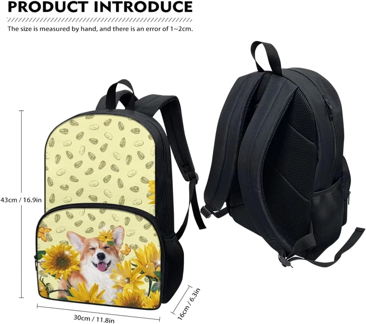 Corgi Sunflower Backpack for Kid 2Pc School Backpack Set Cute Cartoon Dog Rucksack 17Inch Large Capacity School Bag and Insulated Lunch Bag with Front Zip Pocket & Top Handle