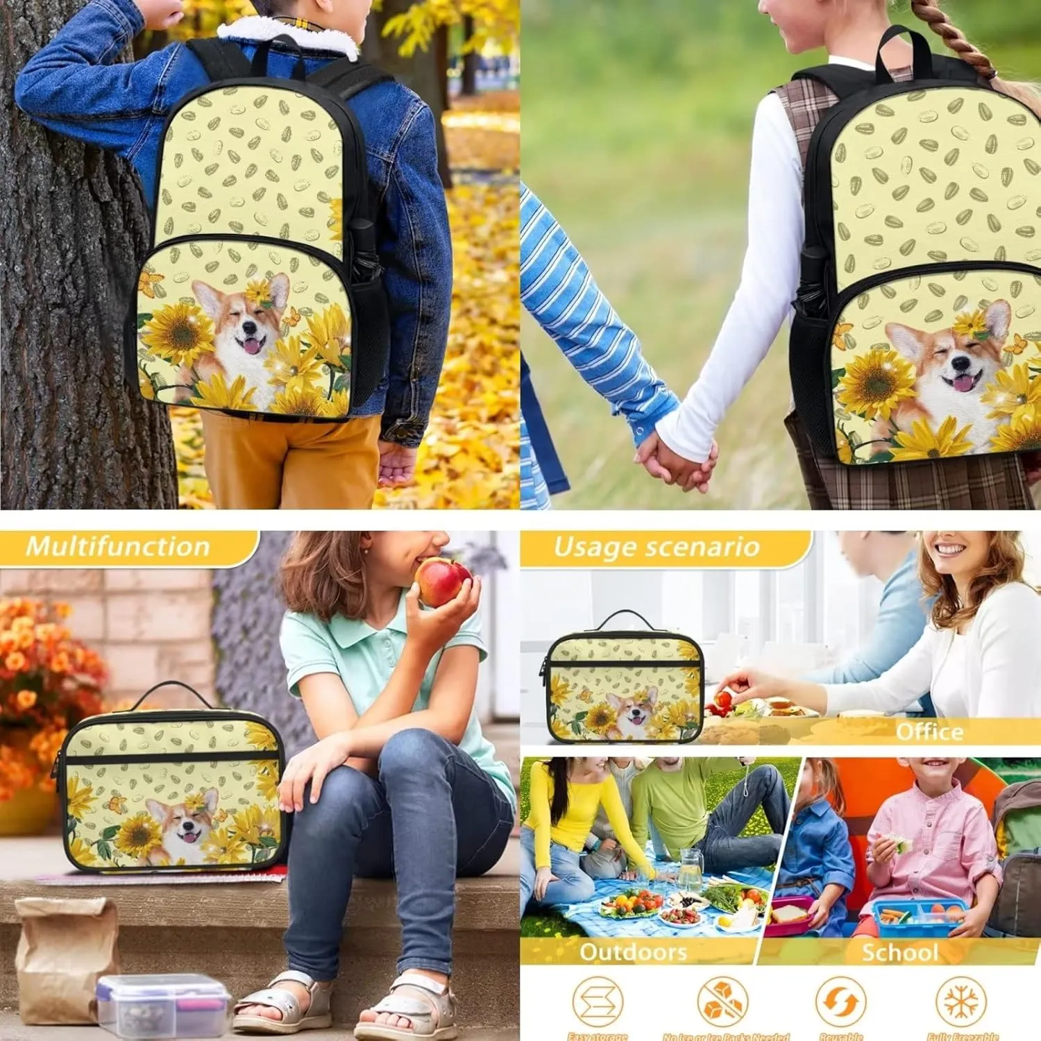 Corgi Sunflower Backpack for Kid 2Pc School Backpack Set Cute Cartoon Dog Rucksack 17Inch Large Capacity School Bag and Insulated Lunch Bag with Front Zip Pocket & Top Handle