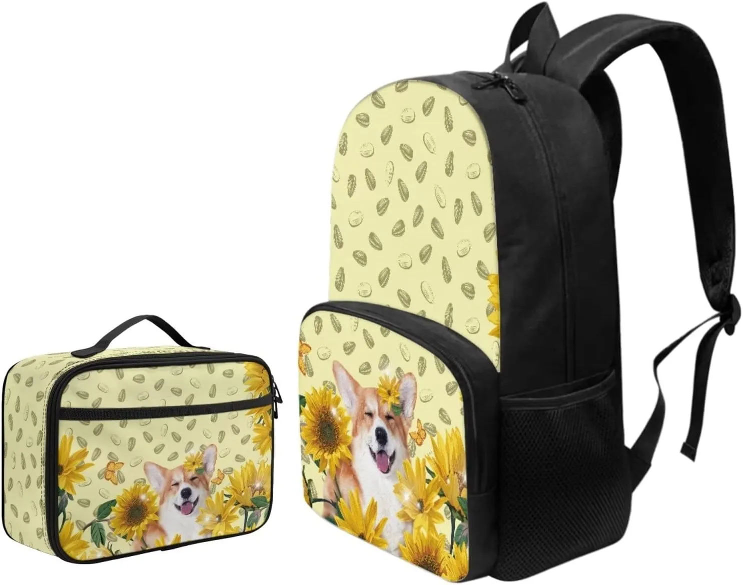 Corgi Sunflower Backpack for Kid 2Pc School Backpack Set Cute Cartoon Dog Rucksack 17Inch Large Capacity School Bag and Insulated Lunch Bag with Front Zip Pocket & Top Handle
