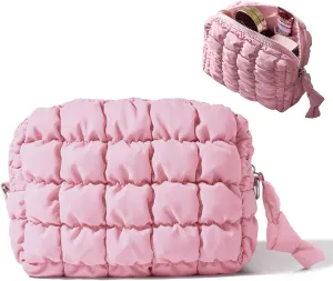 Cotton Quilted Makeup Bag,Large Makeup Bag,Cute Cloud Toiletry Bag,Portable Travel Makeup Bag, Toiletry Organizer Pouch Storage Make Up Bag (Pink)
