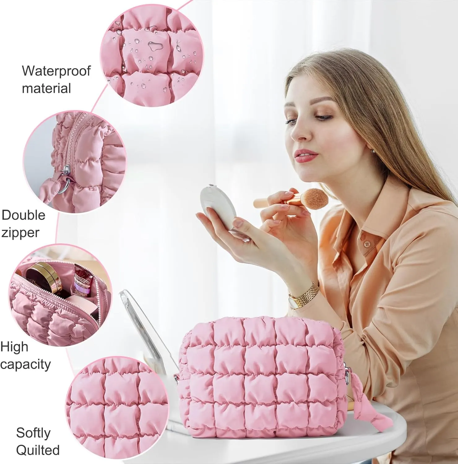 Cotton Quilted Makeup Bag,Large Makeup Bag,Cute Cloud Toiletry Bag,Portable Travel Makeup Bag, Toiletry Organizer Pouch Storage Make Up Bag (Pink)