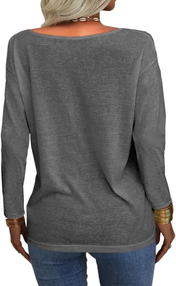 Danedvi Women Fashion Deep V-Neck Long Sleeve Tops Solid Casual Loose Basic T Shirt