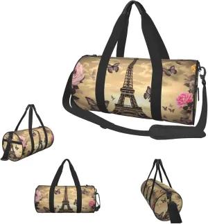 Duffle Bags Eiffel Tower Flowers and Butterflies Gym Bag for Men Women Waterproof Travel Duffle Bags Convertible Carry on Garment Bag for Travel Sports
