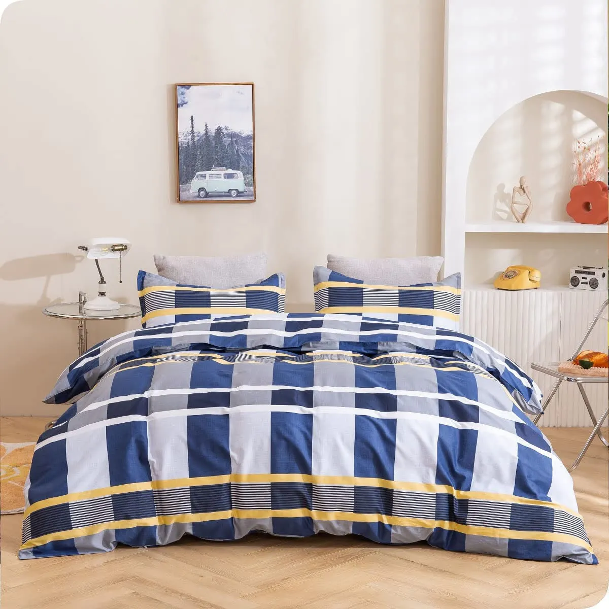 Duvet Cover Set,Houndstooth Printed Comforter Cover with Zipper Closure, Microfiber Lightweight and Soft Duvet Covers Bedding Set