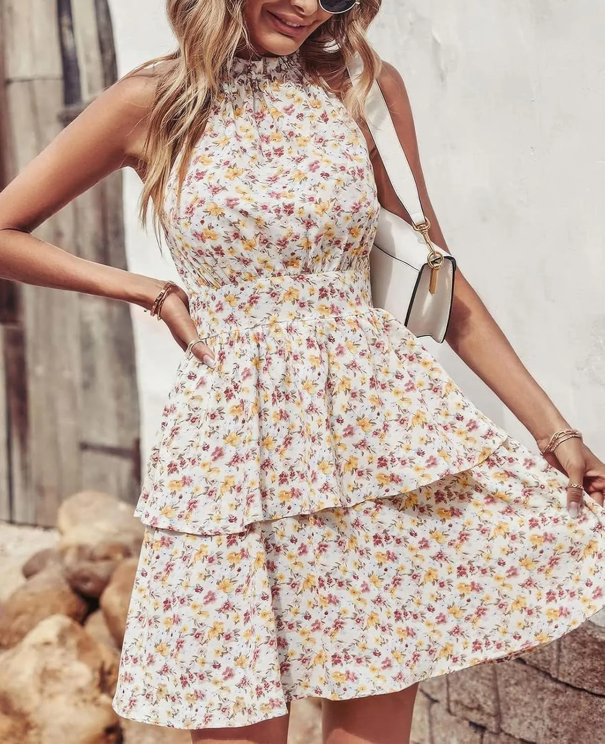ebossy Women's Floral Halter Mini Dress Tiered Layered Backless A-line Swing Boho Ruffle Sundress