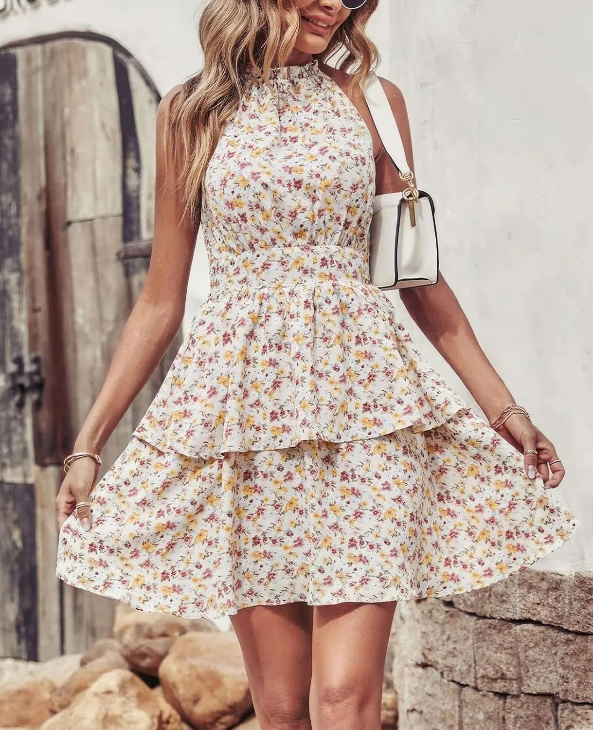ebossy Women's Floral Halter Mini Dress Tiered Layered Backless A-line Swing Boho Ruffle Sundress