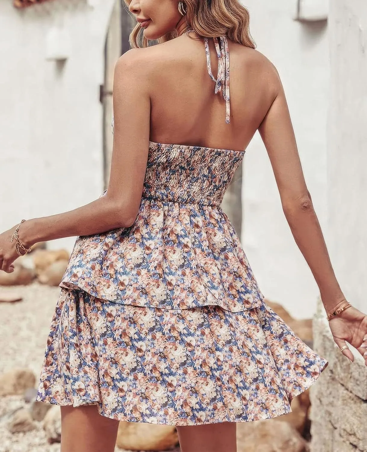 ebossy Women's Floral Halter Mini Dress Tiered Layered Backless A-line Swing Boho Ruffle Sundress
