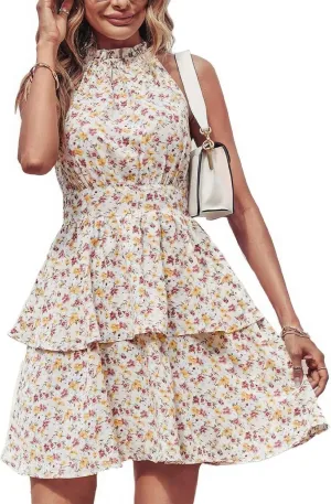 ebossy Women's Floral Halter Mini Dress Tiered Layered Backless A-line Swing Boho Ruffle Sundress
