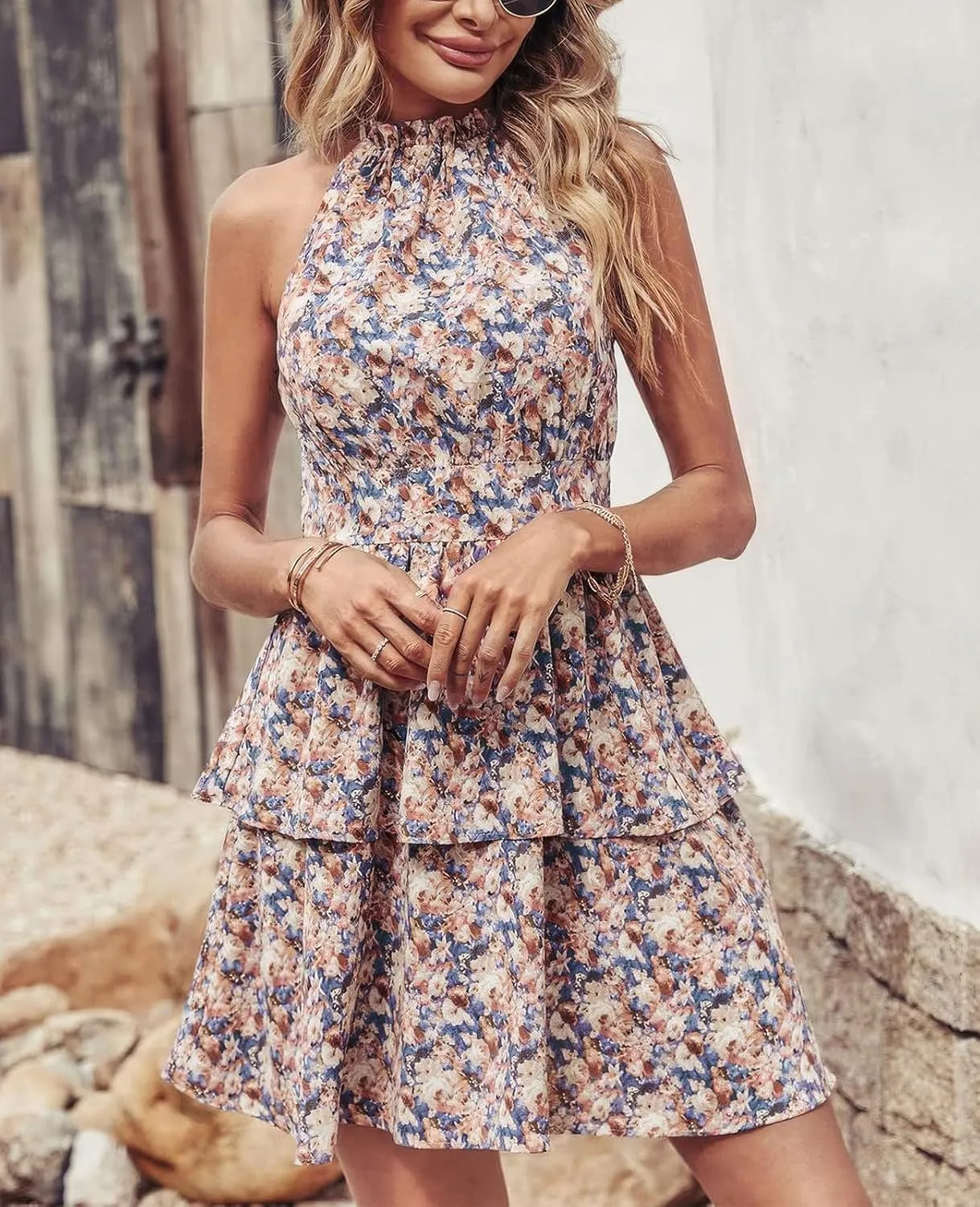 ebossy Women's Floral Halter Mini Dress Tiered Layered Backless A-line Swing Boho Ruffle Sundress