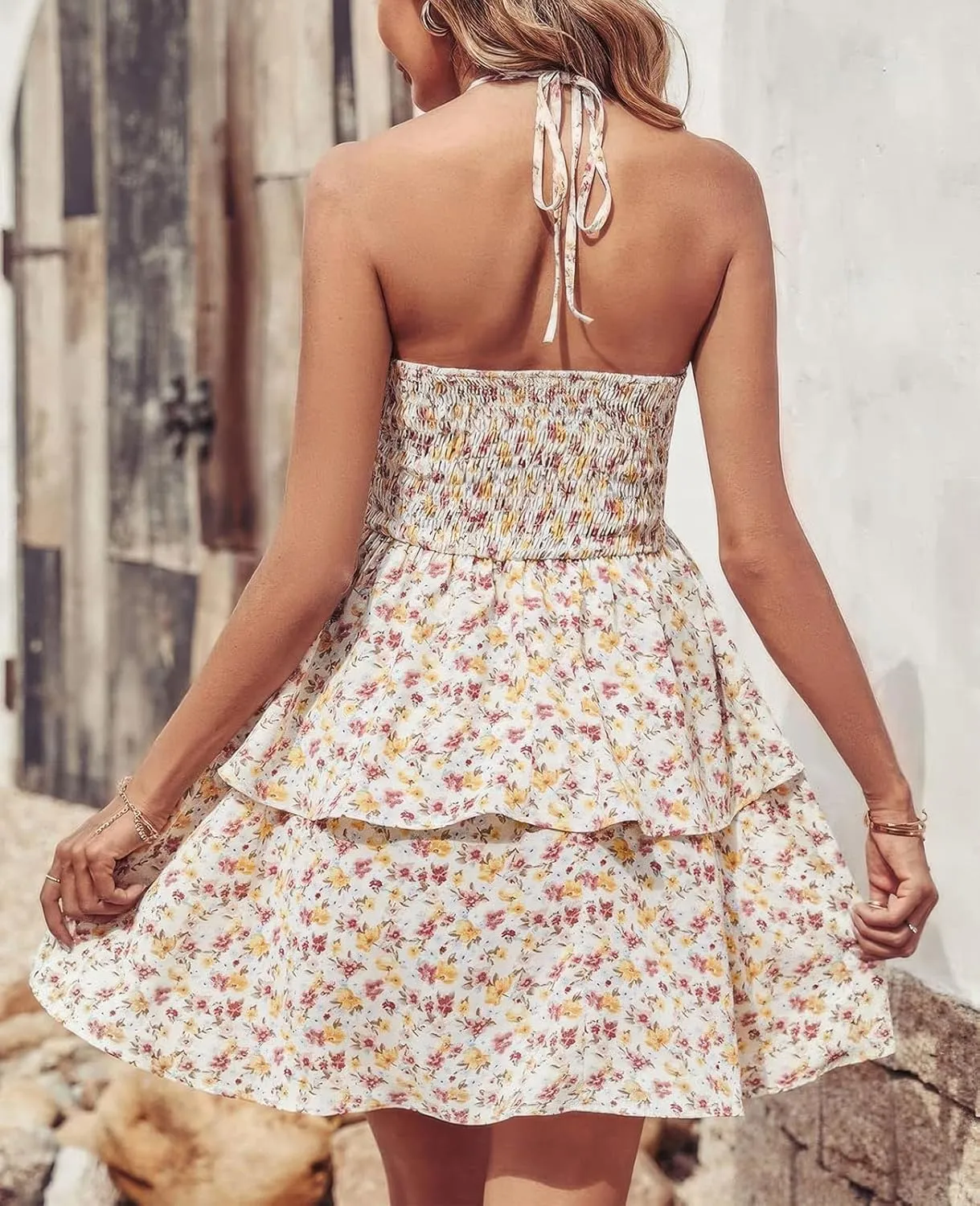 ebossy Women's Floral Halter Mini Dress Tiered Layered Backless A-line Swing Boho Ruffle Sundress