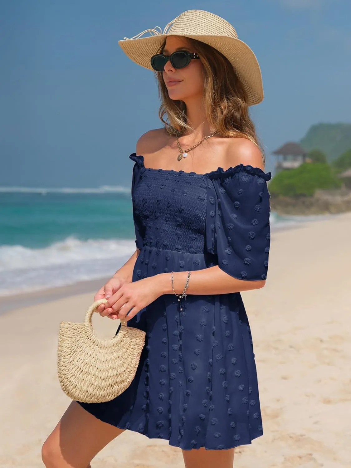 EXLURA Women's 2025 Summer Casual Square Neck Dresses Ruffle Short Sleeve Swiss Dot Flowy Mini Dress