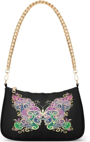 Fantasy Colorful Butterfly on Black Shoulder Handbags for Women Travel Hobo Tote Handbag Women Gold Chain Shoulder Bags Purse with Zipper Closure