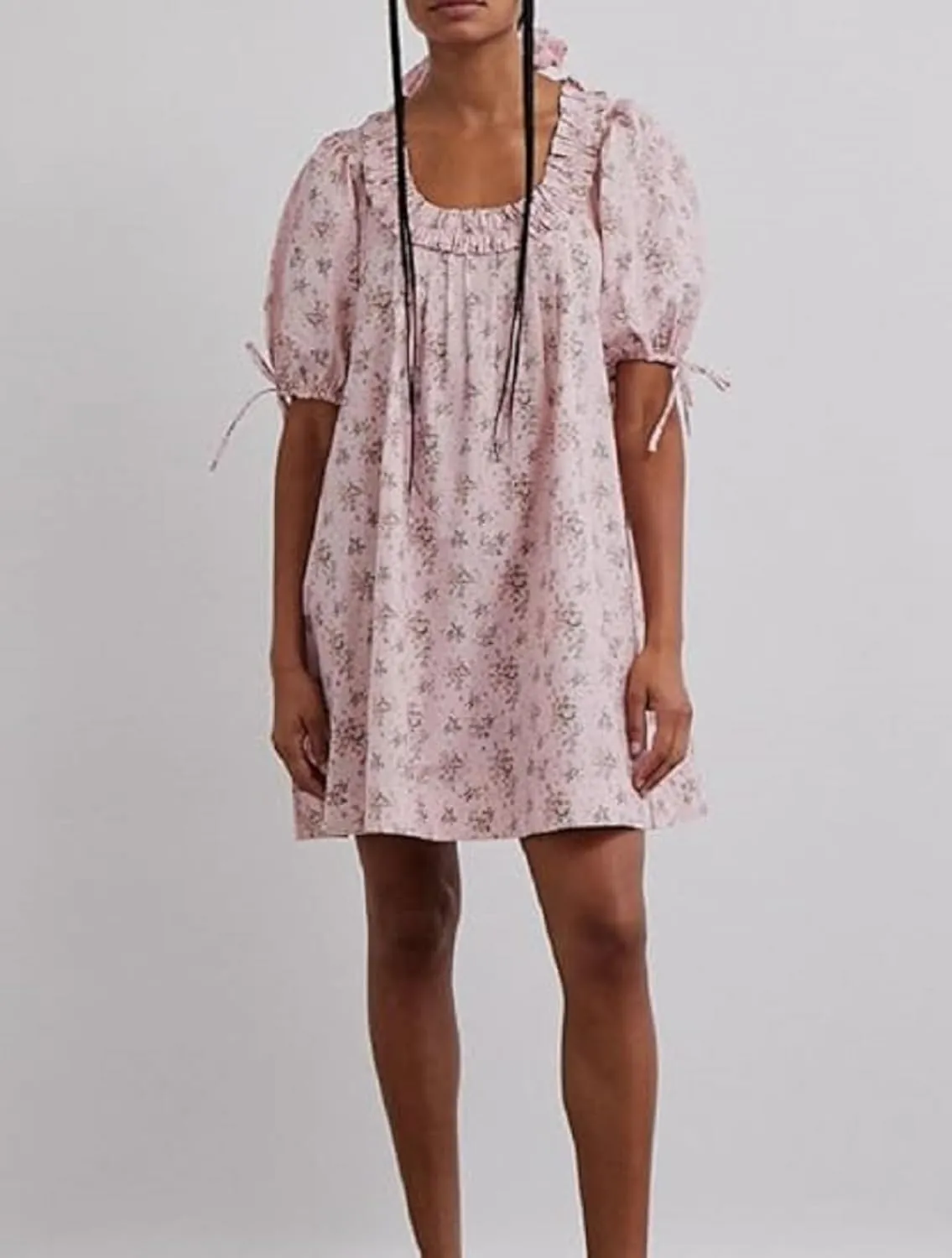 Faretumiya Women Puff Sleeve Mini Babydoll Dress Square Neck Flowy Ruffle A Line Smocked Short Dresses Cute Summer Sundress