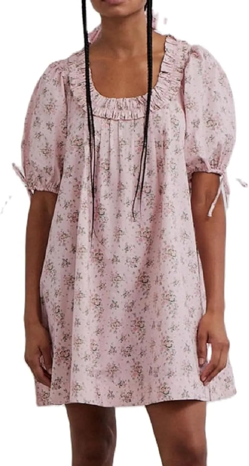 Faretumiya Women Puff Sleeve Mini Babydoll Dress Square Neck Flowy Ruffle A Line Smocked Short Dresses Cute Summer Sundress