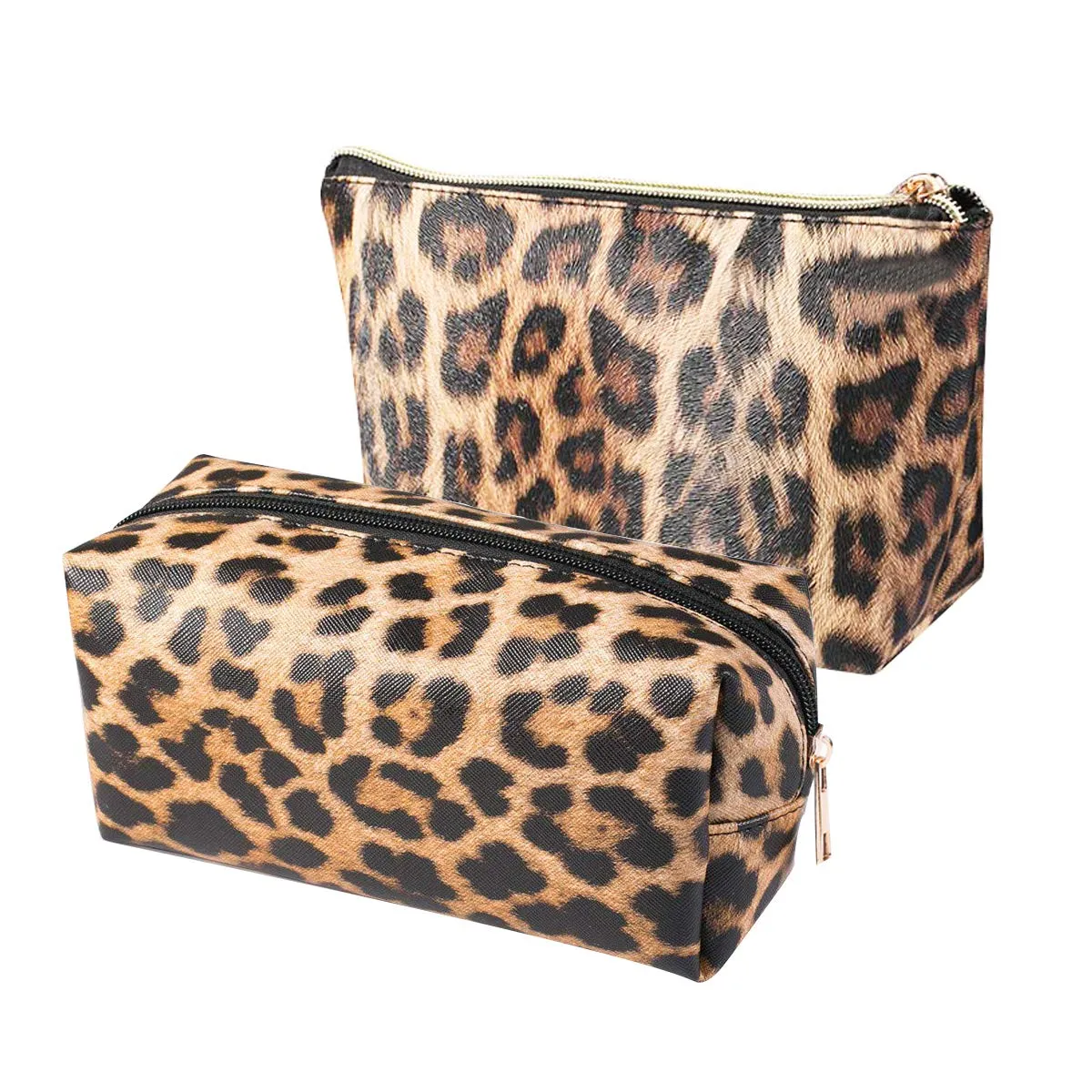 FITINI 2 Pcs Leopard Makeup Bag Travel Cosmetic Case Portable Multifunction Toiletry Bags Organizer Brushes Storage Bags with Gold Zipper for Women Clutch Purse