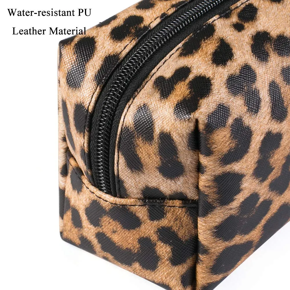 FITINI 2 Pcs Leopard Makeup Bag Travel Cosmetic Case Portable Multifunction Toiletry Bags Organizer Brushes Storage Bags with Gold Zipper for Women Clutch Purse