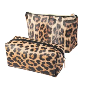 FITINI 2 Pcs Leopard Makeup Bag Travel Cosmetic Case Portable Multifunction Toiletry Bags Organizer Brushes Storage Bags with Gold Zipper for Women Clutch Purse