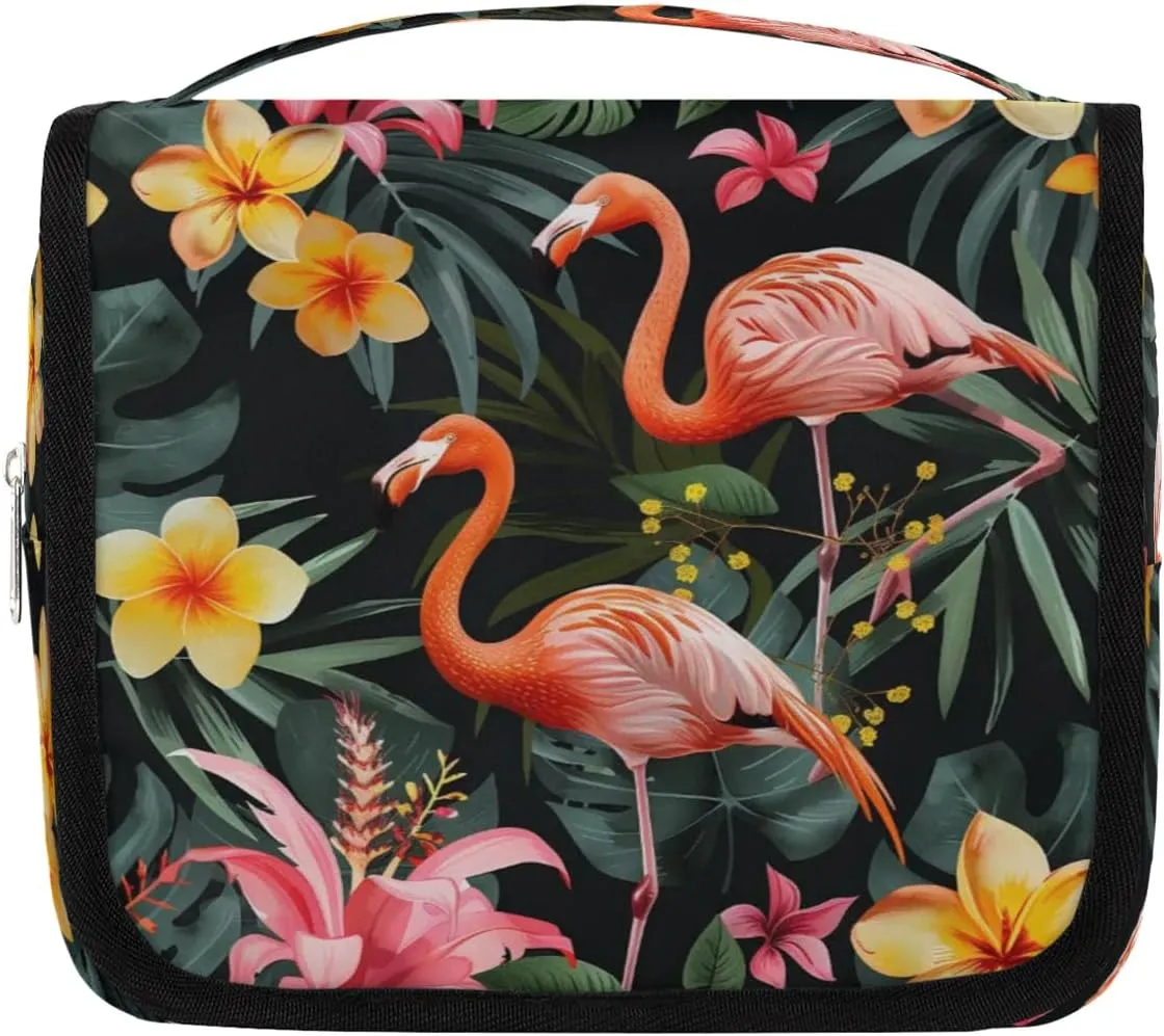 Flamingos Tropical Plan Hanging Travel Toiletry Bag Cosmetic Bag Portable Wash Bag with Hook for Bathroom Accessories Toiletries Cosmetics