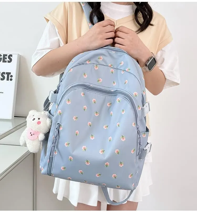 Floral Backpack with Kawaii Plush Puppy Pendant Accessories Cute Multi-Pockets Aesthetic Back to School Bookbag Laptop (Blue)