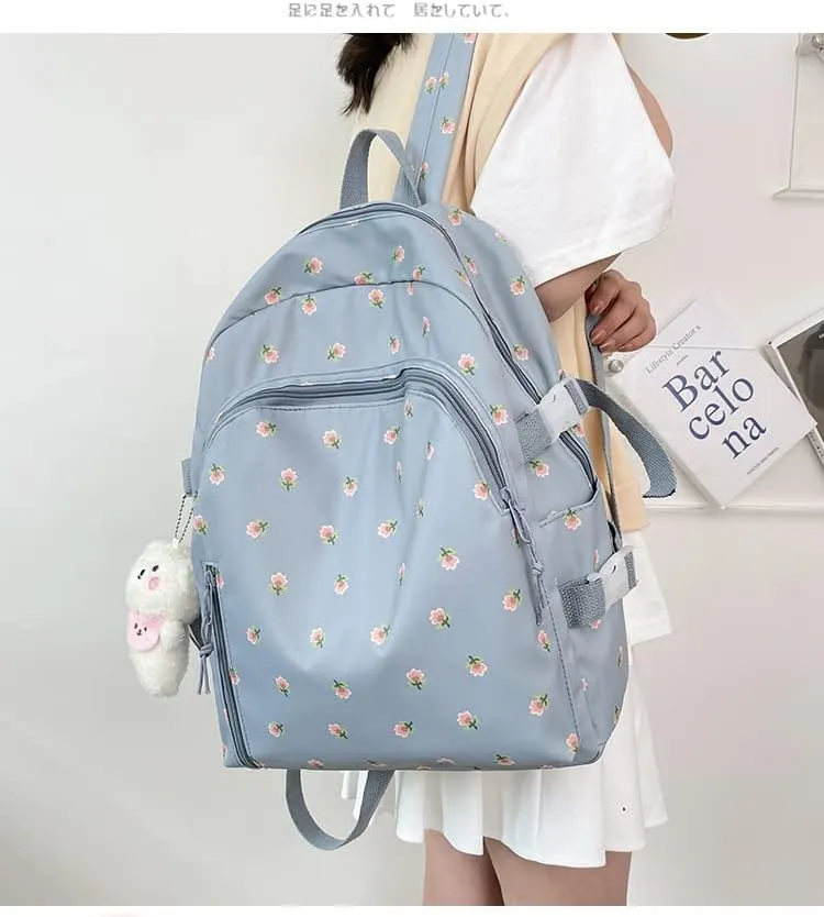 Floral Backpack with Kawaii Plush Puppy Pendant Accessories Cute Multi-Pockets Aesthetic Back to School Bookbag Laptop (Blue)