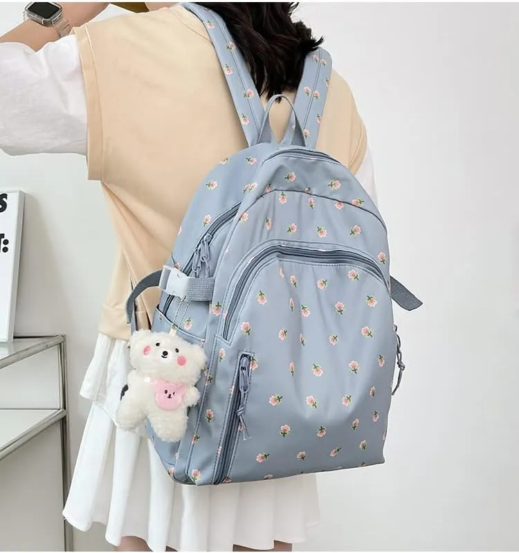 Floral Backpack with Kawaii Plush Puppy Pendant Accessories Cute Multi-Pockets Aesthetic Back to School Bookbag Laptop (Blue)