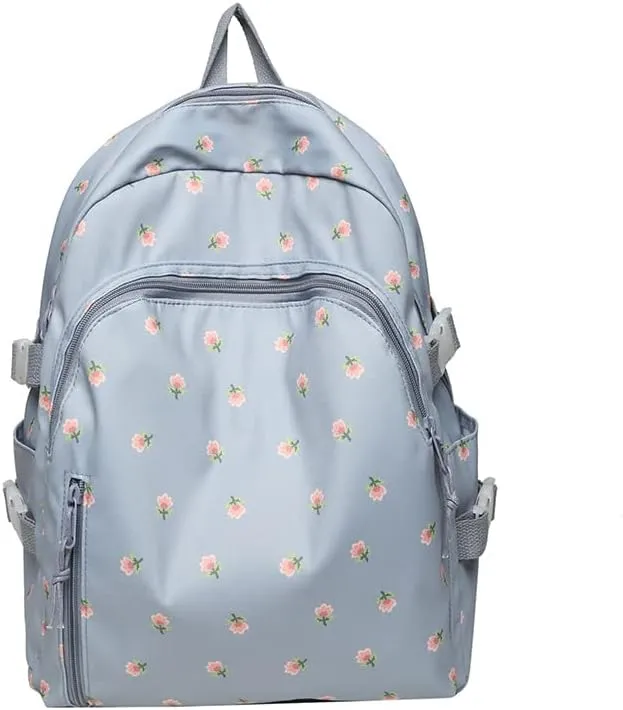 Floral Backpack with Kawaii Plush Puppy Pendant Accessories Cute Multi-Pockets Aesthetic Back to School Bookbag Laptop (Blue)