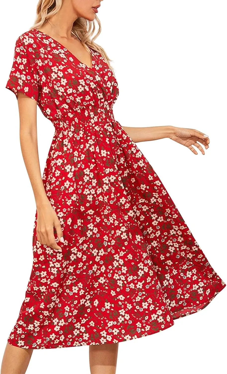 Floral Dresses for Women,2025 Spring Summer Elegant Trendy V Neck Short Sleeve Beach Dress,Flowy Ruched Boho Dress