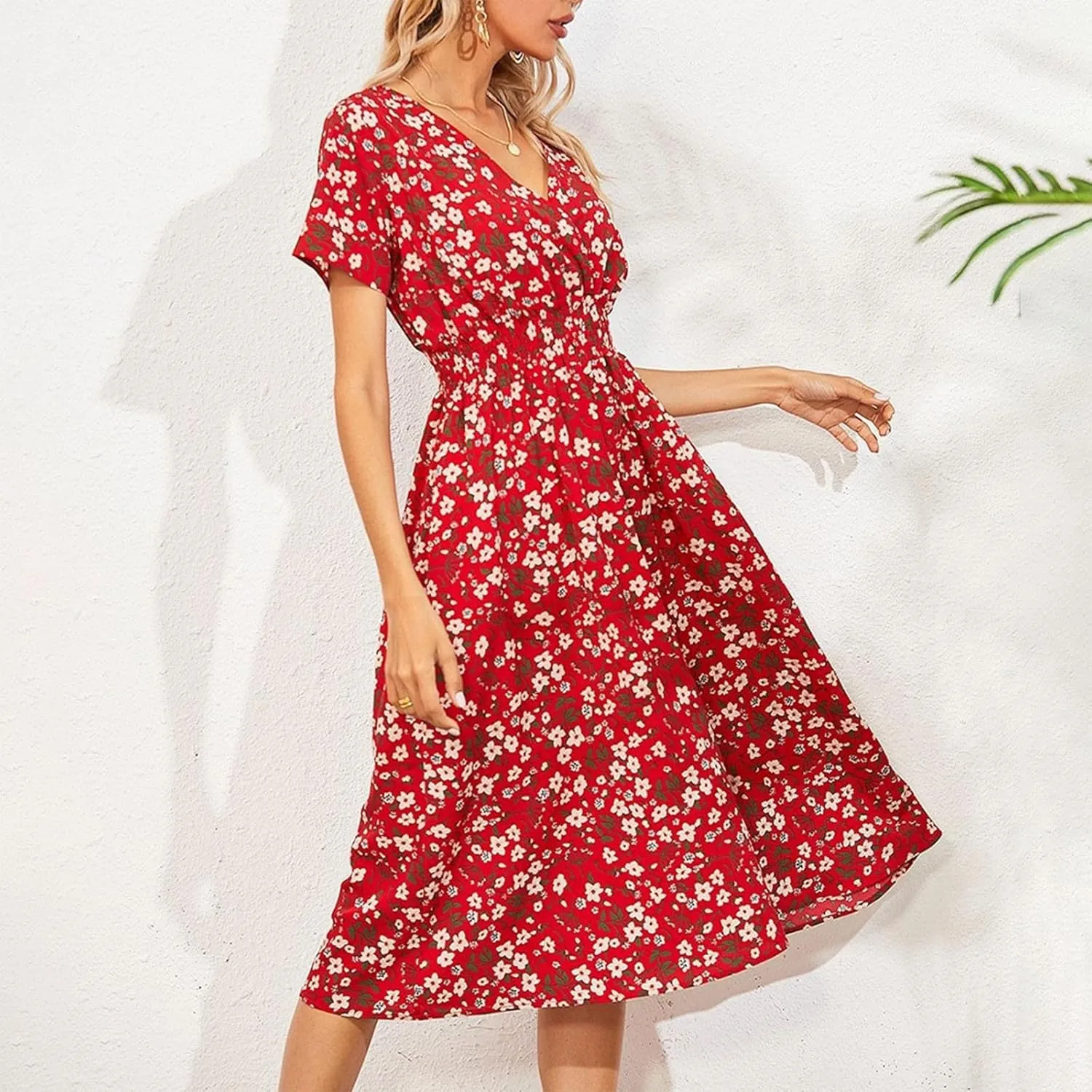 Floral Dresses for Women,2025 Spring Summer Elegant Trendy V Neck Short Sleeve Beach Dress,Flowy Ruched Boho Dress