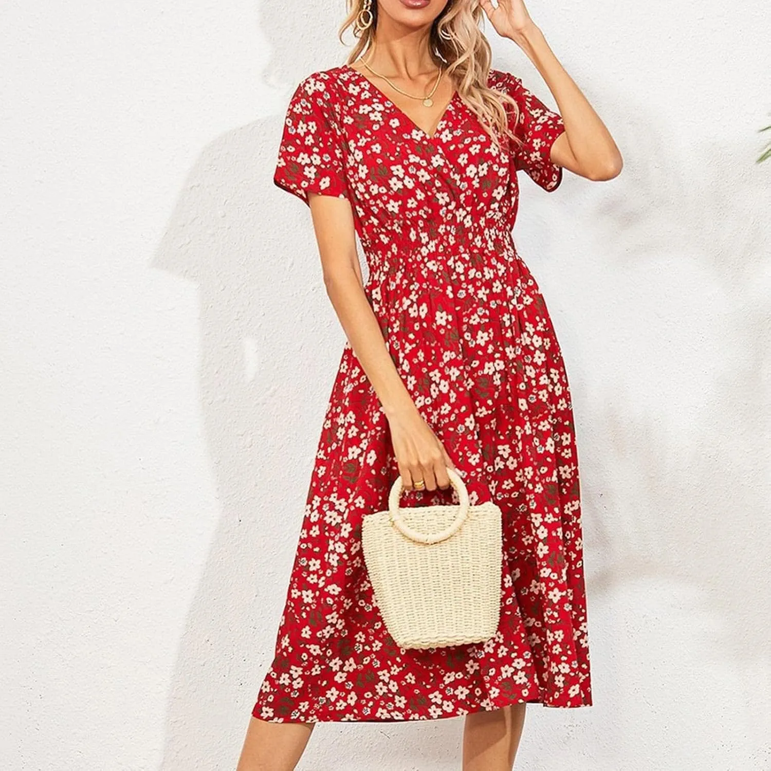 Floral Dresses for Women,2025 Spring Summer Elegant Trendy V Neck Short Sleeve Beach Dress,Flowy Ruched Boho Dress