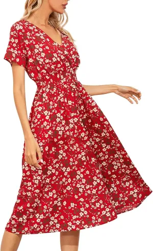 Floral Dresses for Women,2025 Spring Summer Elegant Trendy V Neck Short Sleeve Beach Dress,Flowy Ruched Boho Dress