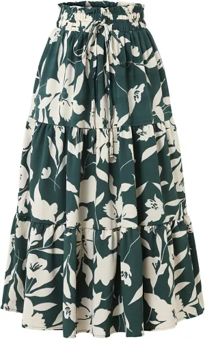 Floral Skirt for Women 2025 Ruffle Summer Maxi Skirts High Waisted Elastic Flowy Pleated Dresses Holiday Clothing