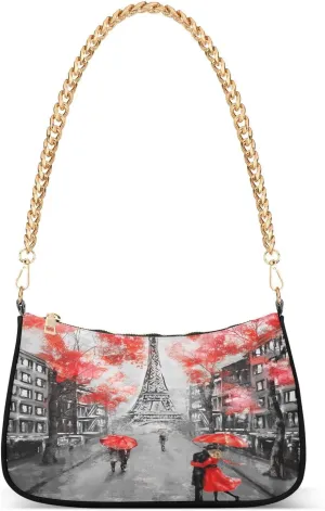 France Paris Eiffel Tower Shoulder Handbags for Women Travel Hobo Tote Handbag Women Gold Chain Shoulder Bags Purse with Zipper Closure
