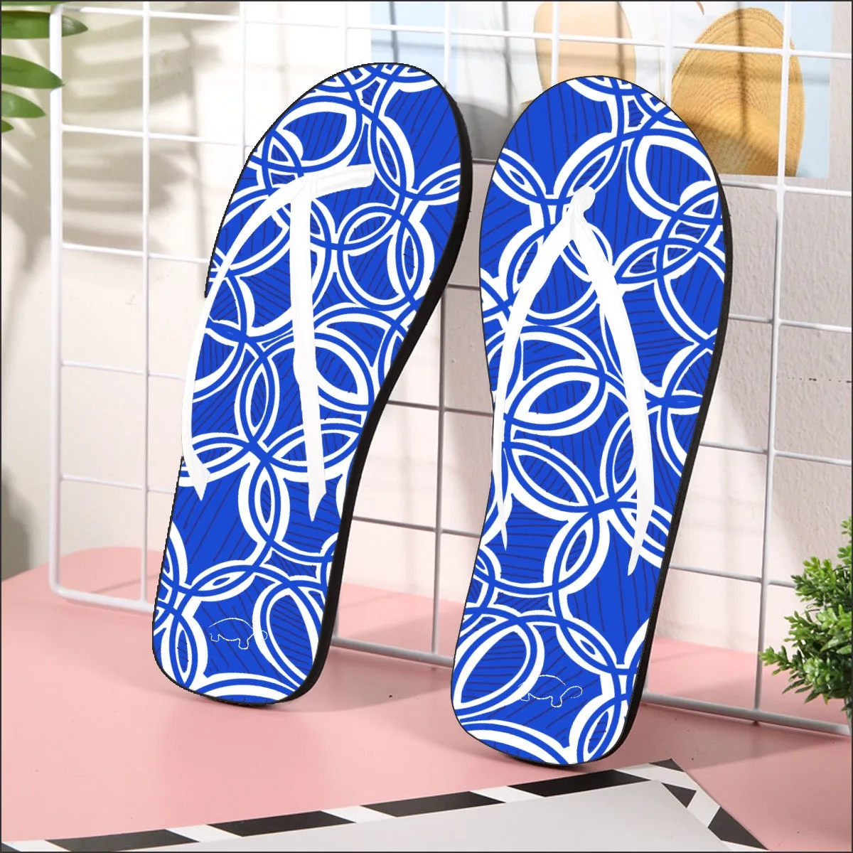 Geometric Blue/white Flip Flops. Footwear. Beach wear. Design hand-painted.