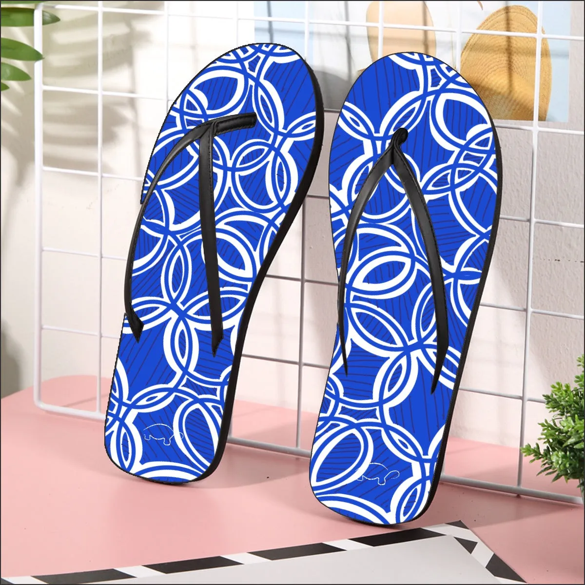 Geometric Blue/white Flip Flops. Footwear. Beach wear. Design hand-painted.