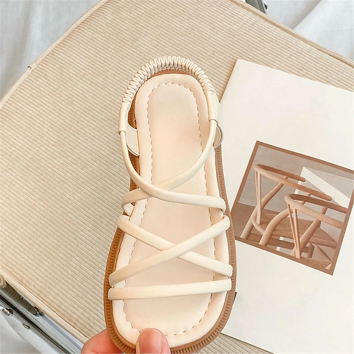Girls Sandals Open Toe Elastic Ankle Strap Dress Shoes Slip On Beach Flat Sandals Anti-Slip Rubber Sole Sandal