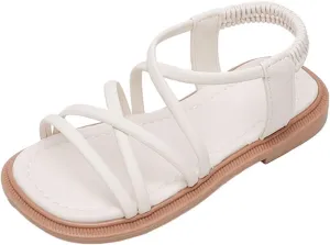 Girls Sandals Open Toe Elastic Ankle Strap Dress Shoes Slip On Beach Flat Sandals Anti-Slip Rubber Sole Sandal