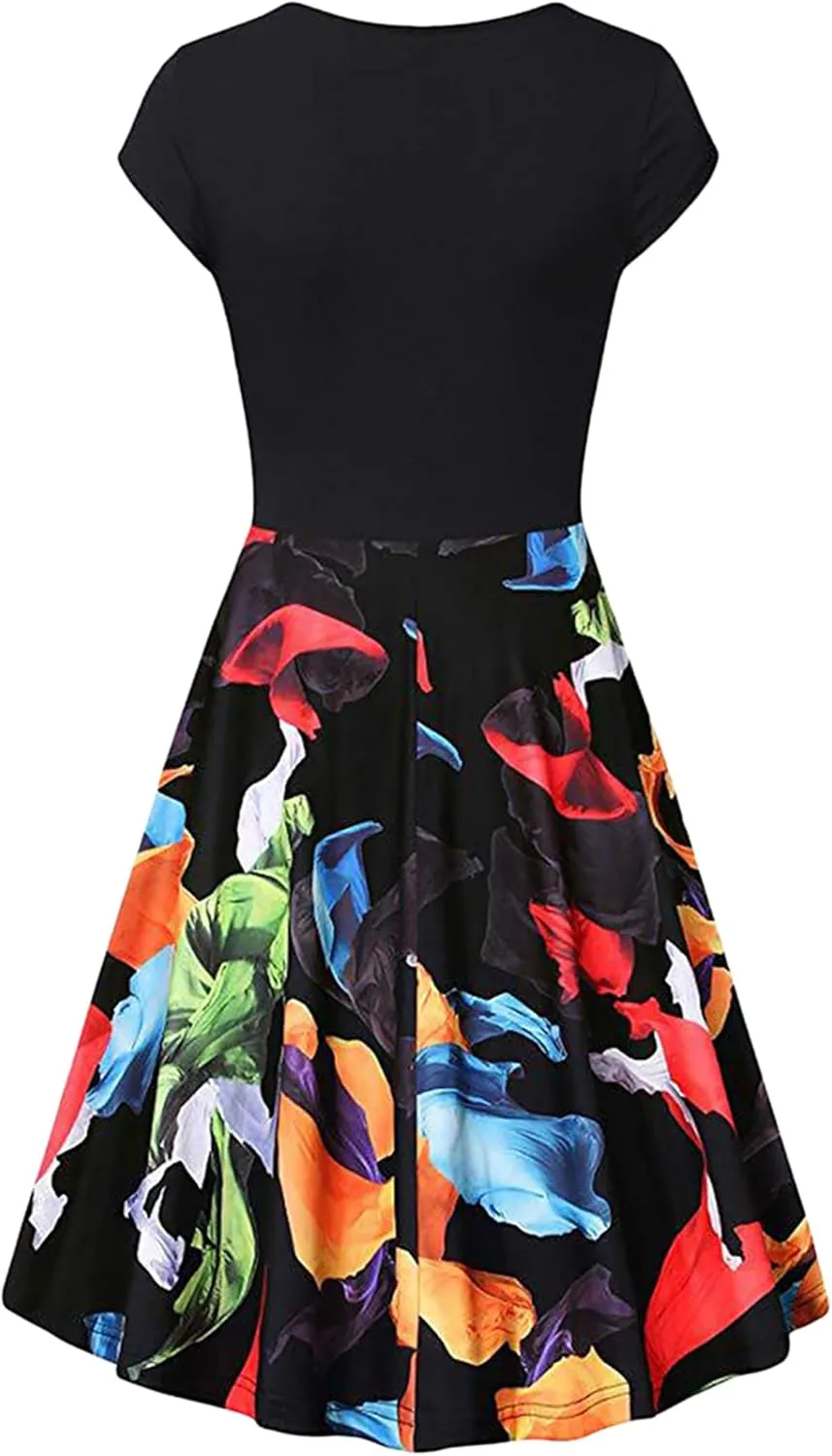 GORIFE Women's Casual Cap Sleeve Summer Dresses Criss-Cross V-Neck Dress Floral Flare Midi Dress