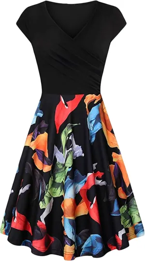 GORIFE Women's Casual Cap Sleeve Summer Dresses Criss-Cross V-Neck Dress Floral Flare Midi Dress