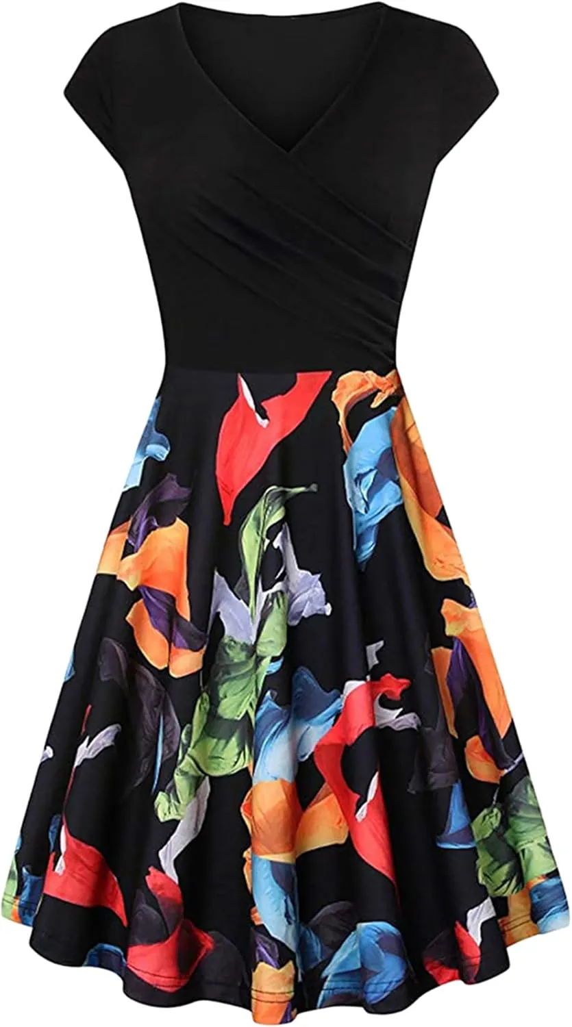 GORIFE Women's Casual Cap Sleeve Summer Dresses Criss-Cross V-Neck Dress Floral Flare Midi Dress