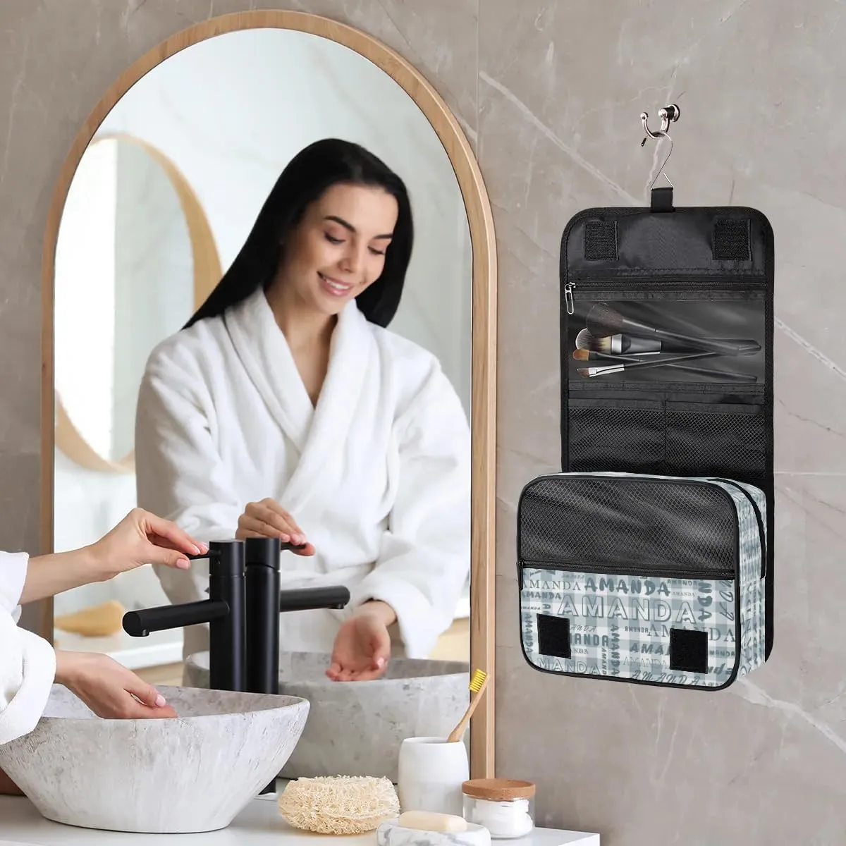 Hanging Travel Toiletry Bag Cosmetic Bag Portable Wash Bag with Hook for Bathroom Accessories Toiletries Cosmetics Blue Gray Grid