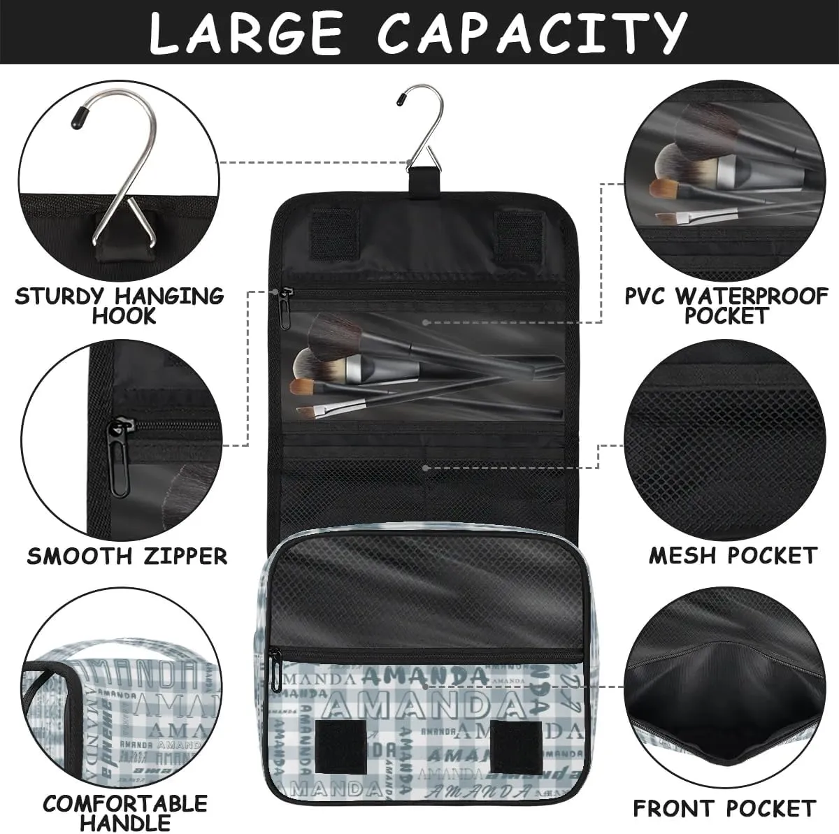 Hanging Travel Toiletry Bag Cosmetic Bag Portable Wash Bag with Hook for Bathroom Accessories Toiletries Cosmetics Blue Gray Grid
