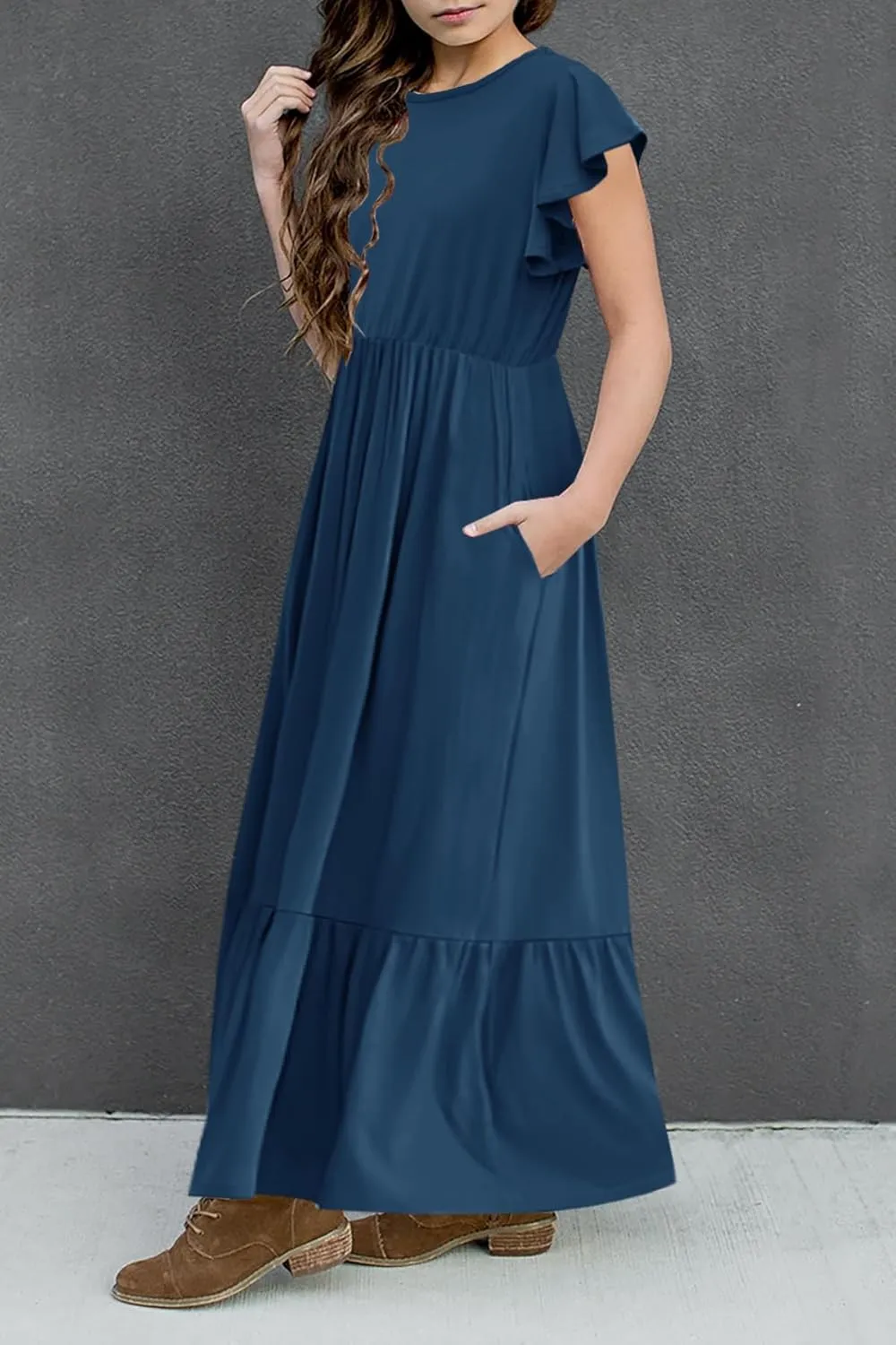 HOSIKA Girls Summer Ruffle Short Sleeve Crew Neck Loose Casual Flowy Tiered Maxi Dress with Pockets for 6-12 Y