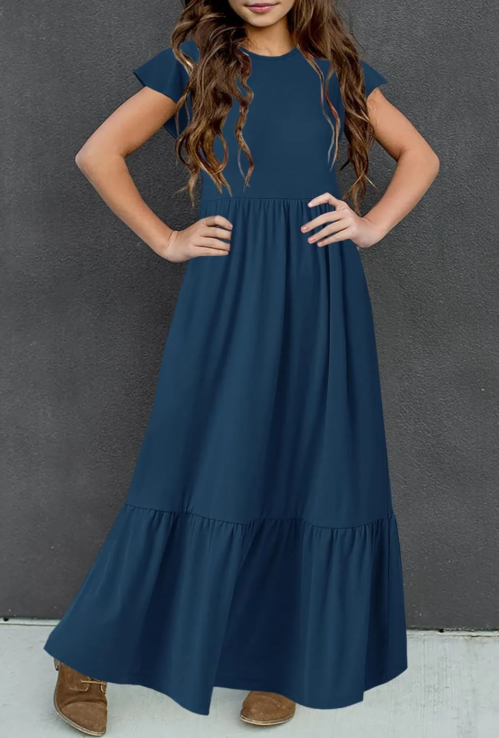 HOSIKA Girls Summer Ruffle Short Sleeve Crew Neck Loose Casual Flowy Tiered Maxi Dress with Pockets for 6-12 Y
