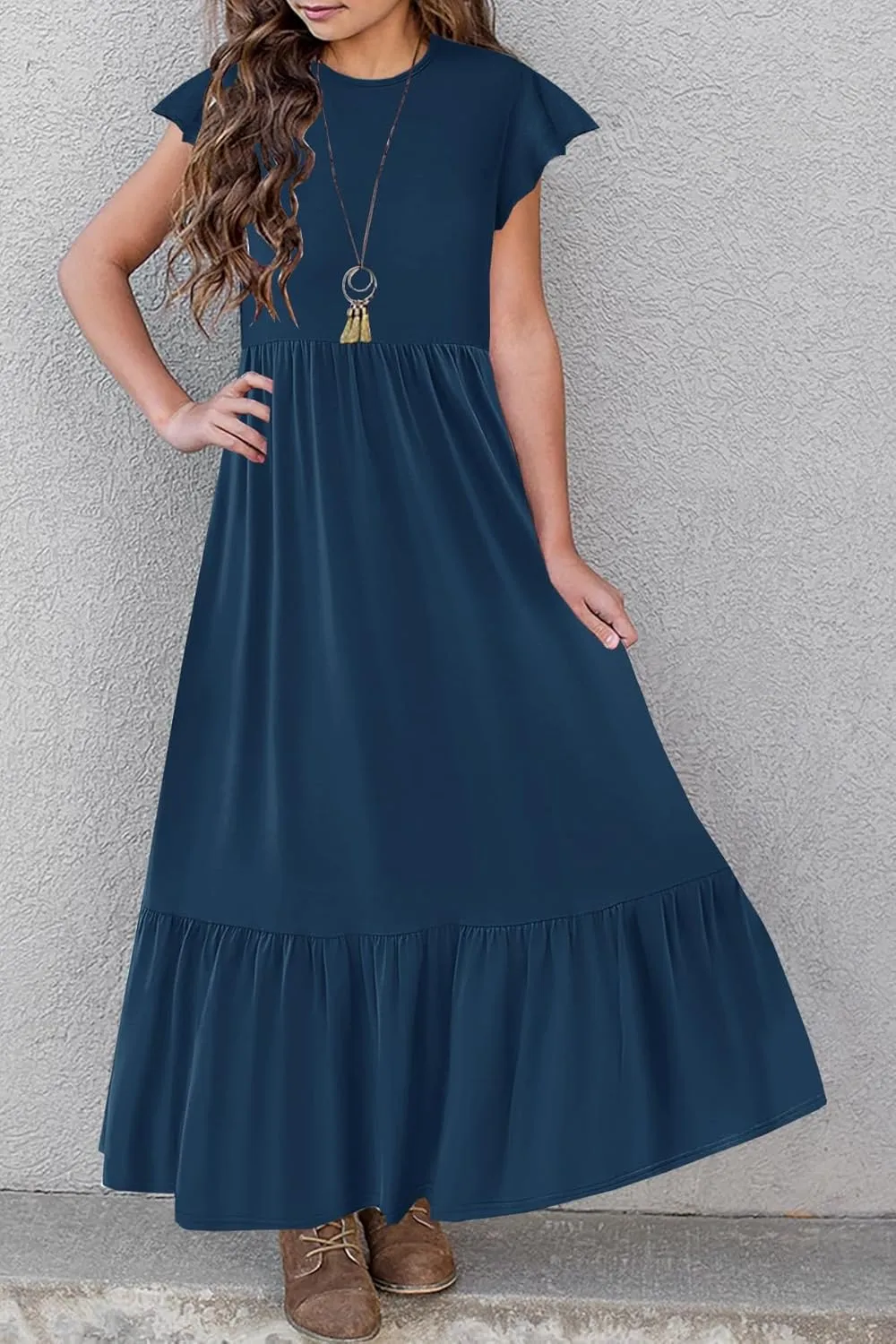 HOSIKA Girls Summer Ruffle Short Sleeve Crew Neck Loose Casual Flowy Tiered Maxi Dress with Pockets for 6-12 Y