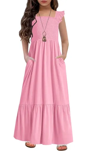 HOSIKA Girls Summer Sundress Casual Sleeveless Smocked Aline Flowy Tiered Maxi Boho Beach Dress with Pockets 6-12Y