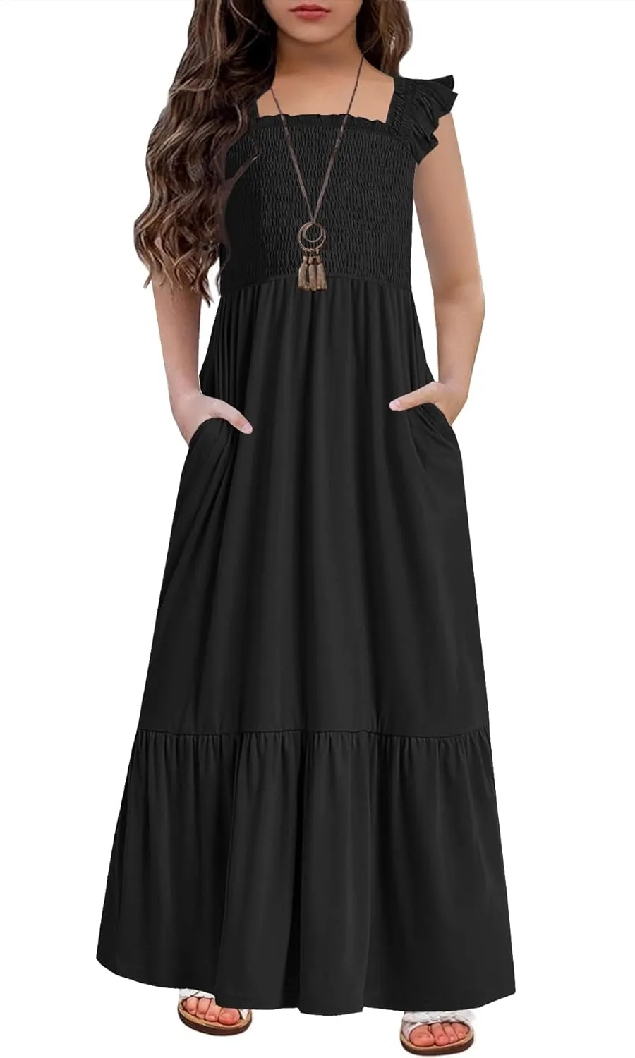 HOSIKA Girls Summer Sundress Casual Sleeveless Smocked Aline Flowy Tiered Maxi Boho Beach Dress with Pockets 6-12Y