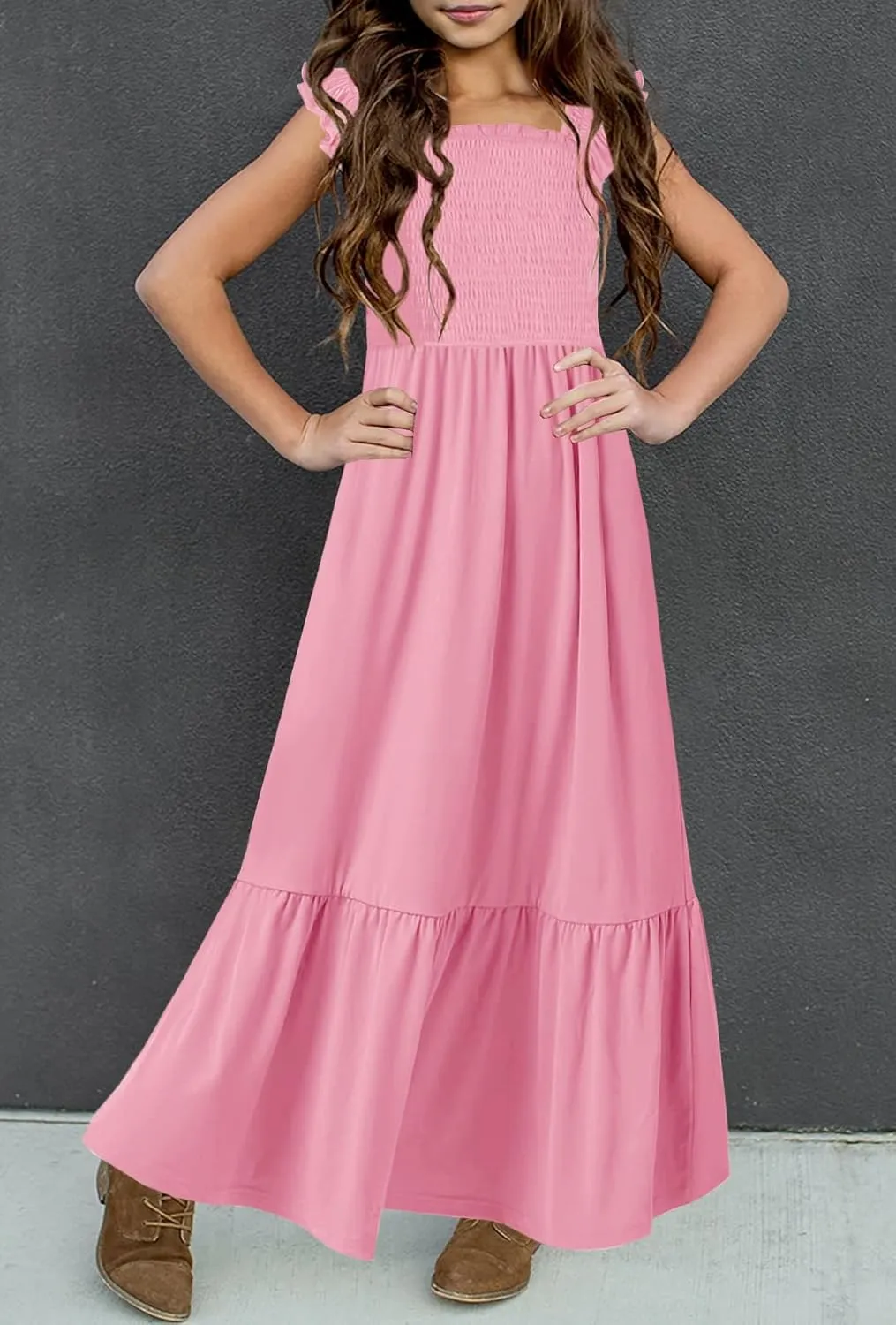 HOSIKA Girls Summer Sundress Casual Sleeveless Smocked Aline Flowy Tiered Maxi Boho Beach Dress with Pockets 6-12Y