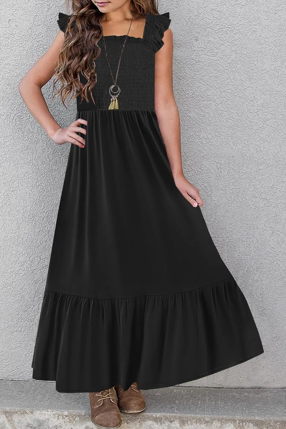 HOSIKA Girls Summer Sundress Casual Sleeveless Smocked Aline Flowy Tiered Maxi Boho Beach Dress with Pockets 6-12Y